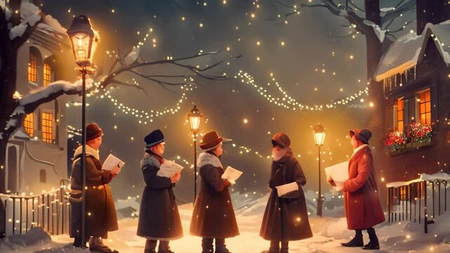 A group of carolers sing festive tunes on a snowy street lit by street lamps, Carolers singing festive tunes on a snowy street