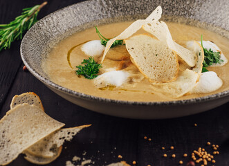 Creamy soup served in bowl with bread chips, herbs and spices on dark wooden background