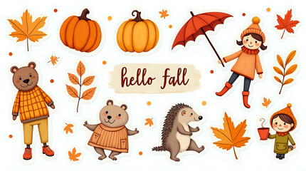 Autumn animals and elements collection featuring icons like pumpkins, ghosts, and bats in a cartoon style with a vibrant fall theme