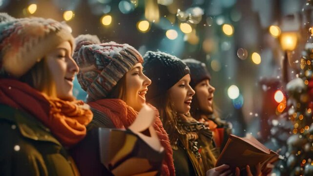 A group of carolers sing festive tunes on a snowy street, their voices ringing out in the winter air, Carolers singing festive tunes on a snowy street