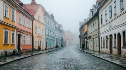 Fototapeta premium Foggy Cobblestone Street with Colorful Buildings in European City