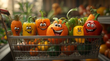 Cartoon-style vegetables with human faces in a grocery shopping basket.