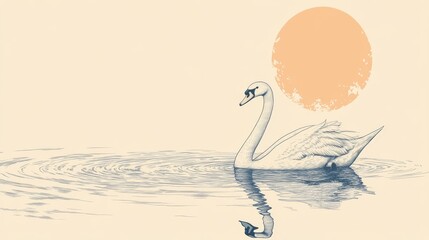 Fototapeta premium Elegant vector line drawing of a swan swimming in calm waters at sunrise.