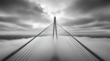 Fototapeta premium Bridge Tower Emerging from Fog with a City Skyline in the Distance