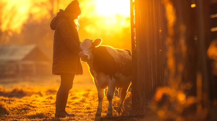 Obraz premium Rural Woman Milking a Cow in a Barn 