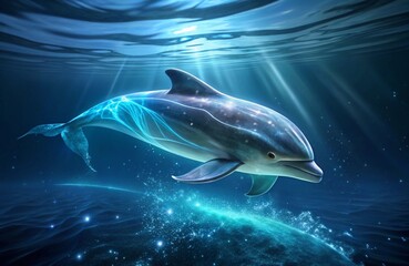 Fototapeta premium Illustrate bioluminescent plankton glowing in the water as a dolphin swims through, creating a magical scene. 