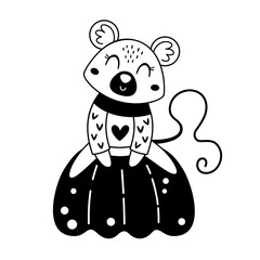 Cute black and white mouse on pumpkin clipart. Autumn animal character doodle. Cartoon vector illustration in flat style