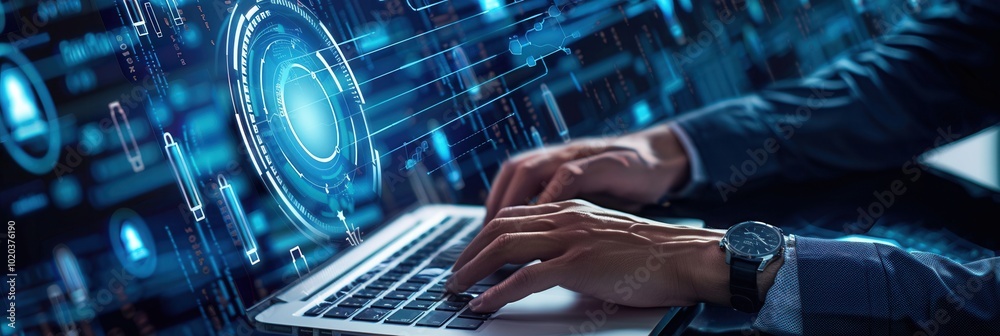 Fototapete A professional works on a laptop, engaged in cyber security tasks while surrounded by high-tech data protection visuals. Generative AI