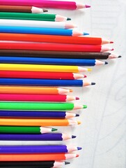 Colored pencils isolated on white background. Close up, selective focus.