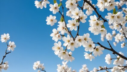 White cherry blossoms on a tree against a clear blue sky