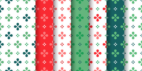 Seamless backgrounds with quatrefoils. Christmas pattern with clovers and circles. Set red green prints. Collection abstract wrapping papers. Geometric textures. Retro backdrops. Vector illustration