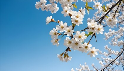 Obraz premium White cherry blossoms on a tree against a clear blue sky