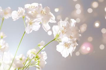 A stunning display of white blossoms stands out against a dark backdrop, emphasizing their intricate details and soft beauty. The gentle lighting enhances their graceful appearance