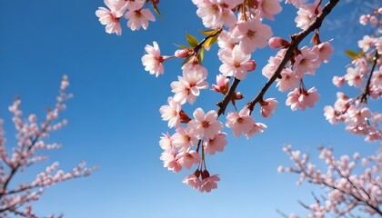 Pink cherry blossoms on a tree against a clear blue sky