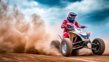 Obraz premium High-Speed Dynamic Photograph of Off-Road-Themed Quad Bike Race with Rider Wearing Helmet and Goggles in Red Gear