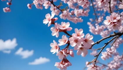 Pink cherry blossoms on a tree against a clear blue sky