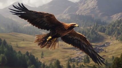 A golden eagle soaring majestically over a lush, mountainous landscape.