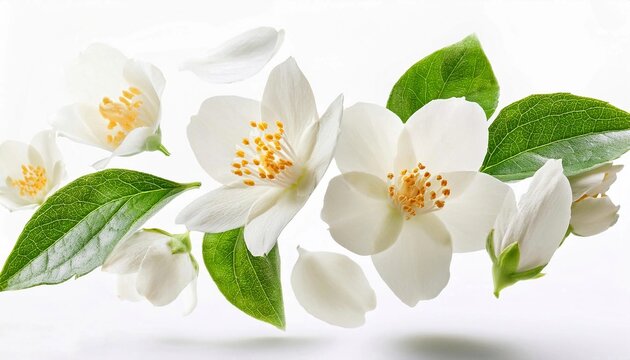 Beautiful jasmine flowers (Jasminum sambac) falling into isolated white background. Jasmine flowers on levitation 