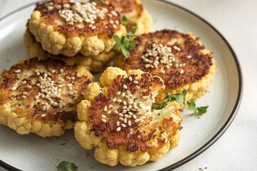 Fototapeta premium A photo of cooked vegetarian fried cauliflower cutlets on a plate