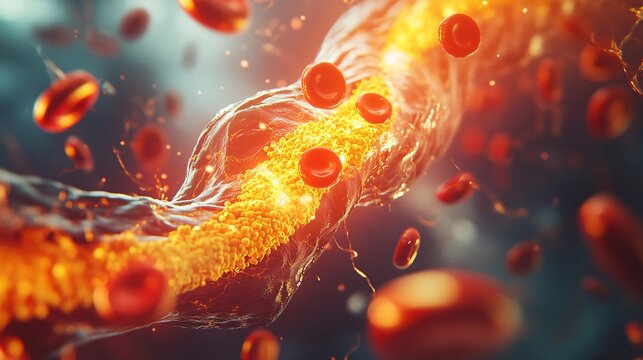 Abstract representation of red blood cells flowing within a dynamic and colorful environment, illustrating the importance of circulation in the body.