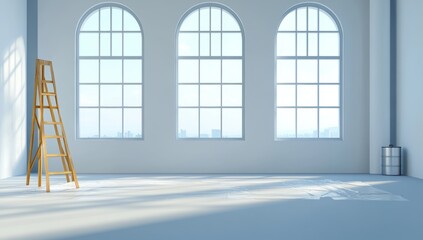 Large White Room with Plastic Film Covering Floor, Windows, and Ladder in Front