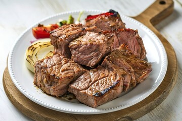 A picture of a white plate with hot grilled meat