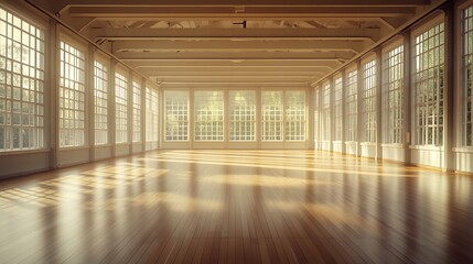 Wide-angle shot of an empty gym, polished wooden flooring, minimalist design with sleek and simple elements, large windows bringing in bright light, high ceilings, clean and open layout,