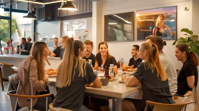 A group of friends gathers around a table for lunch in a modern office space, enjoying conversation and camaraderie, Celebrating the unique talents and skills you bring to our team