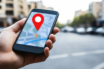A hand holding a smartphone displaying a GPS map with a red location pin on a city street background
