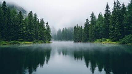 Misty Morning on a Still Mountain Lake Surrounded by Pine Trees