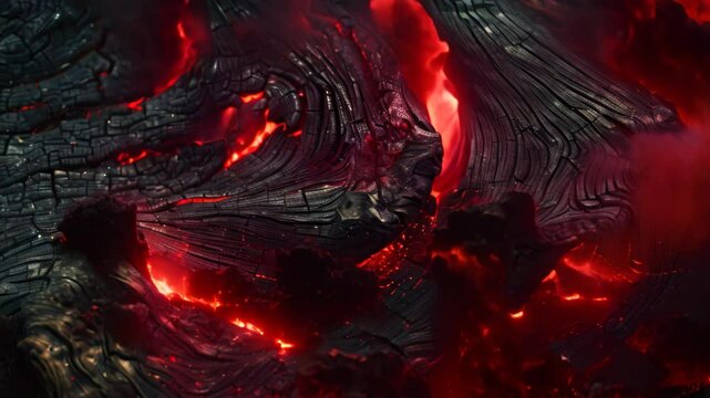 Close-up of charred wood embers glowing with remnants of fire, Charred beams twisting and contorting in the heat