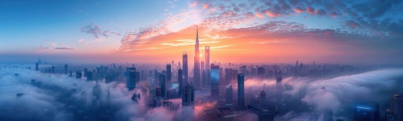 Fototapeta premium Clouds are covering the city skyline as the sun sets, banner, copy space