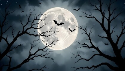 A full moon in a cloudy night sky, with silhouettes of bare tree branches and bats flying around