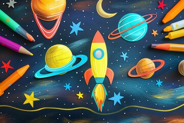 Colorful rocket launching to planets in space with art supplies around