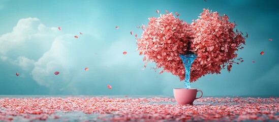 A whimsical heart-shaped tree pouring blue water from a pink cup, ideal for Mental Health Day campaigns, promoting emotional well-being and self-care.