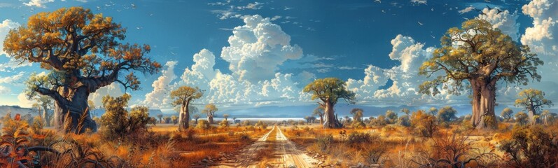 Obraz premium Painting of a dirt road in a field with trees and clouds, nature background