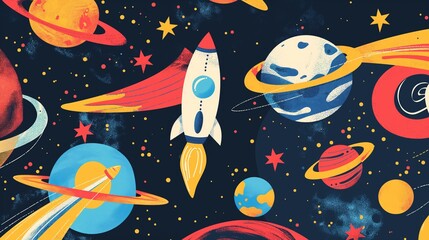 Colorful rockets and planets are flying through space