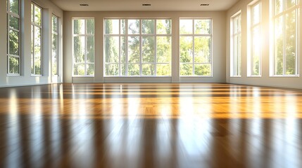 Obraz premium Wide-angle view of a modern gym, empty space with polished wooden floors, minimalist decor, large windows flooding the room with natural light, clean and spacious design, soft shadows, neutral tones,