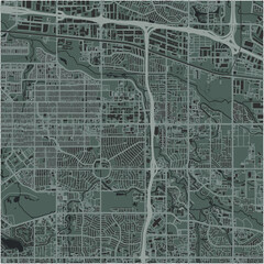 Map of Aurora in Colorado in a smooth dark style. Contains layered vector with roads water, parks, etc.