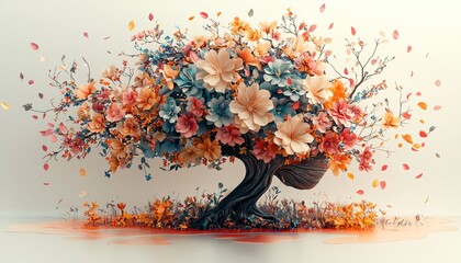 A surreal brain-shaped tree adorned with vibrant flowers signifies mental health awareness, ideal for campaigns and events promoting self-care and creativity.