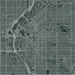 Map of Denver Center in Colorado in a smooth dark style. Contains layered vector with roads water, parks, etc.