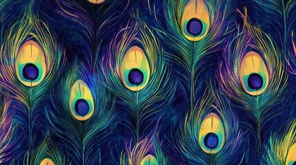 Peacock feather patterns, each with its own unique color and texture, represent the beauty and diversity of wildlife in nature. The pastel background complements the vibrant feather patterns.