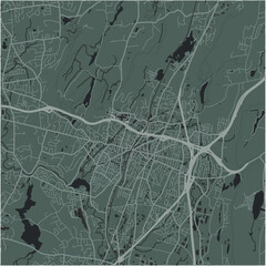 Map of Meriden in Connetticut in a smooth dark style. Contains layered vector with roads water, parks, etc.