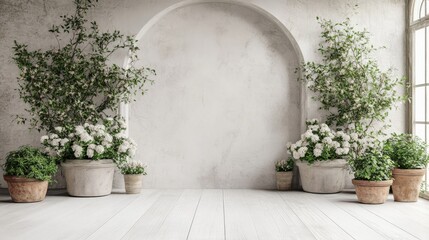 Fototapeta premium White Wall with Arched Entryway and Potted Plants