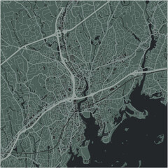 Map of Norwalk in Connecticut in a smooth dark style. Contains layered vector with roads water, parks, etc.