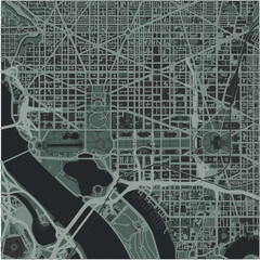 Map of Washington Center in District of Columbia in a smooth dark style. Contains layered vector with roads water, parks, etc.