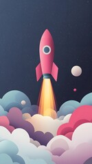 Fototapeta premium A pink rocket rises from colorful clouds, in a simple, flat illustration style with clean lines and vector graphics.