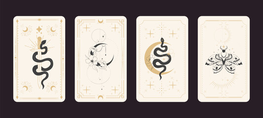 Tarot reverce border magic sacred frame gold line border celelstial mystery esoteric cover card decoration with snake stars and moon on dark background.