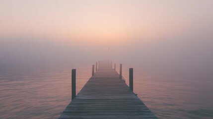 Obraz premium Wooden Dock Extending into Misty Water at Sunset
