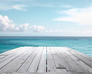 Fototapeta premium Serene Ocean View from Wooden Dock Photograph ? Calming Seascape Background with Blue Sky and Clouds